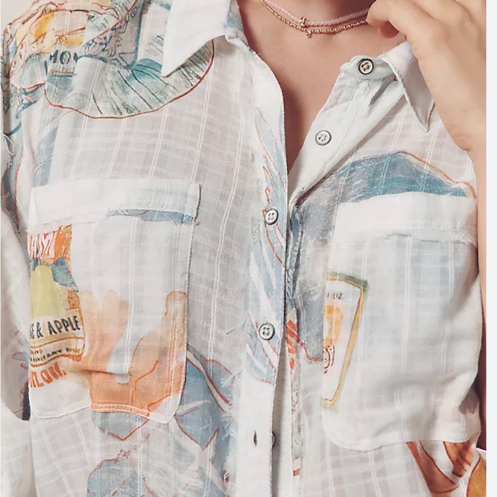 Anthropologie Pilcro Batwing Button Front Top Tropical Print Breezy Gauzy Shirt - Picture 4 of 9